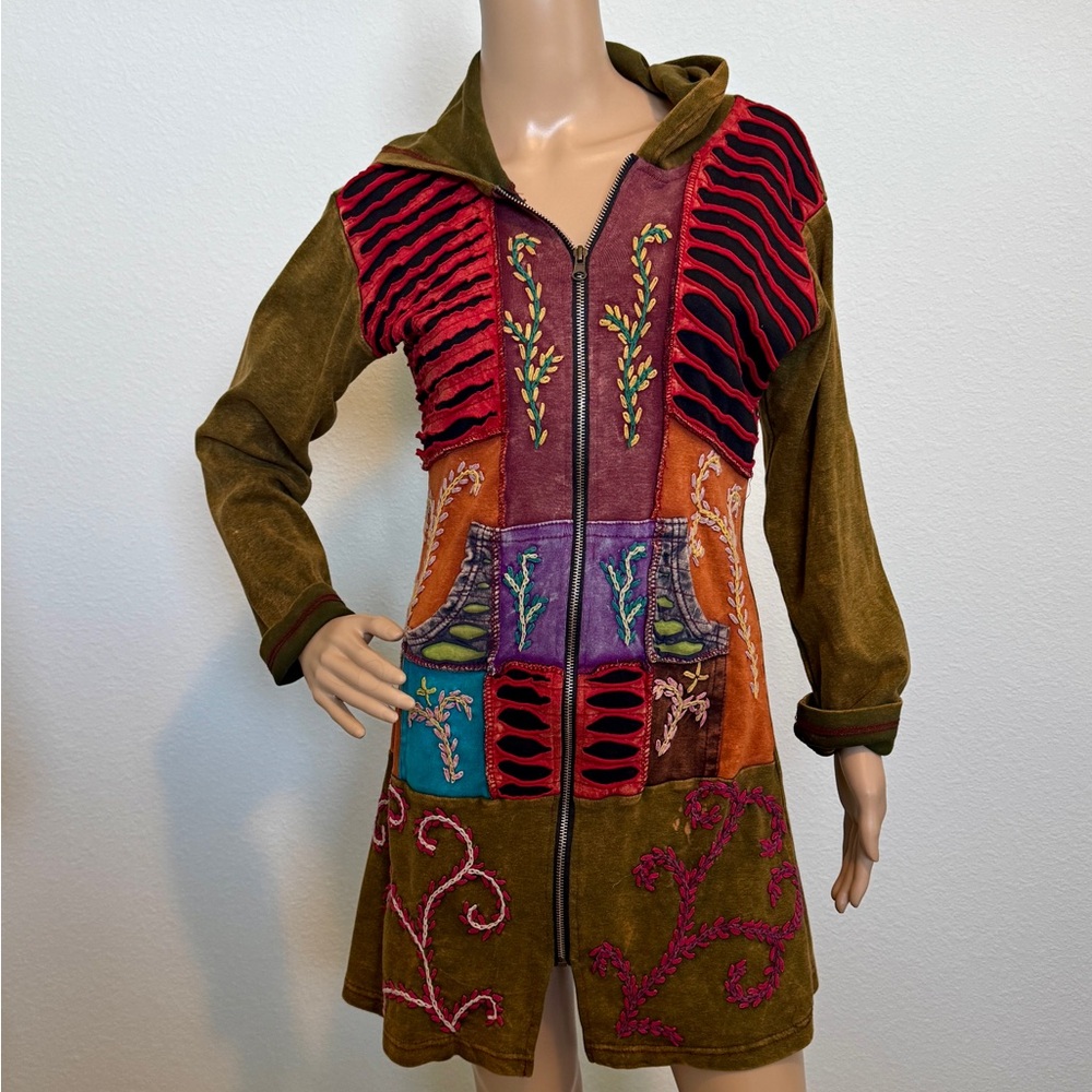 Rising International Patchwork Embroidered Cotton Hoodie Boho Jacket Size S